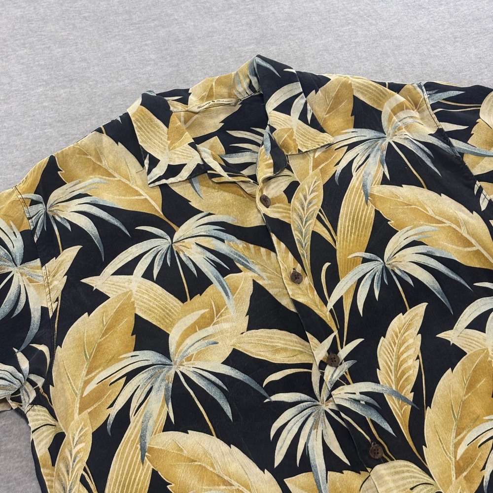 Tommy Bahama Mens Medium 100% Silk Tropical Leaf Print Camp Shirt Black Gold